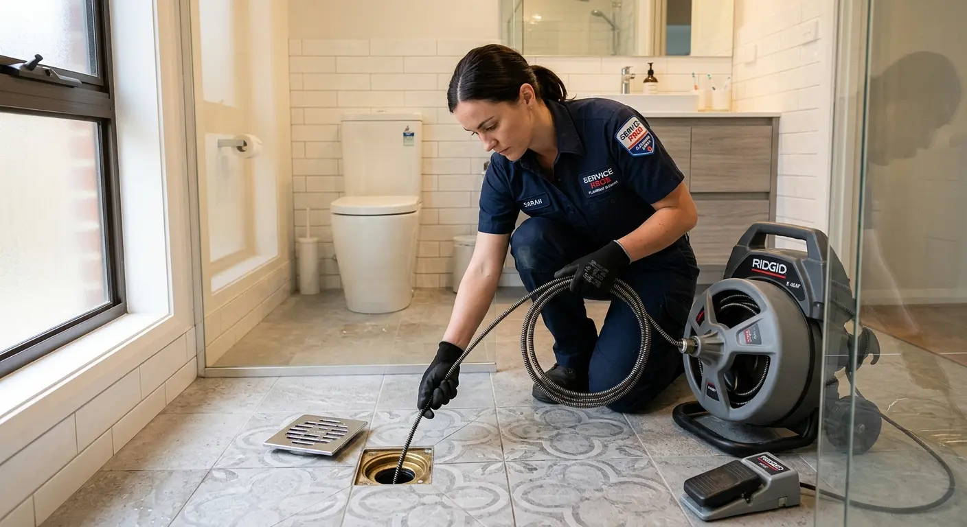Technician clearing a bathroom floor drain for Sewer Line Replacement in Middletown